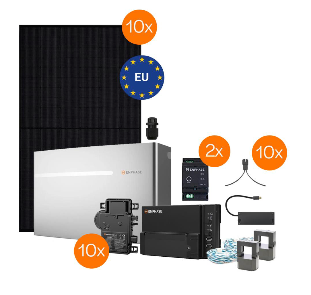 Panneaux ESS complet Meyer Burger & Enphase pour réseau monophasé : 10x Module 390Wp, 10x Micro-onduleur IQ8MC, Batterie 10,5 kWh.   N-type Full Black 390Wp | Micro-onduleur IQ8MC | Monophasé | Batterie 10,5 kWh